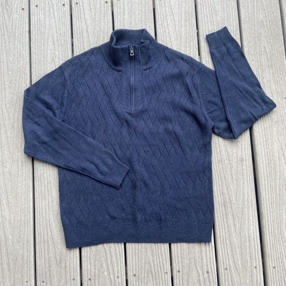 Weatherproof Vintage Mens M Navy Quarter Zip Cotton Sweater Textured Knit